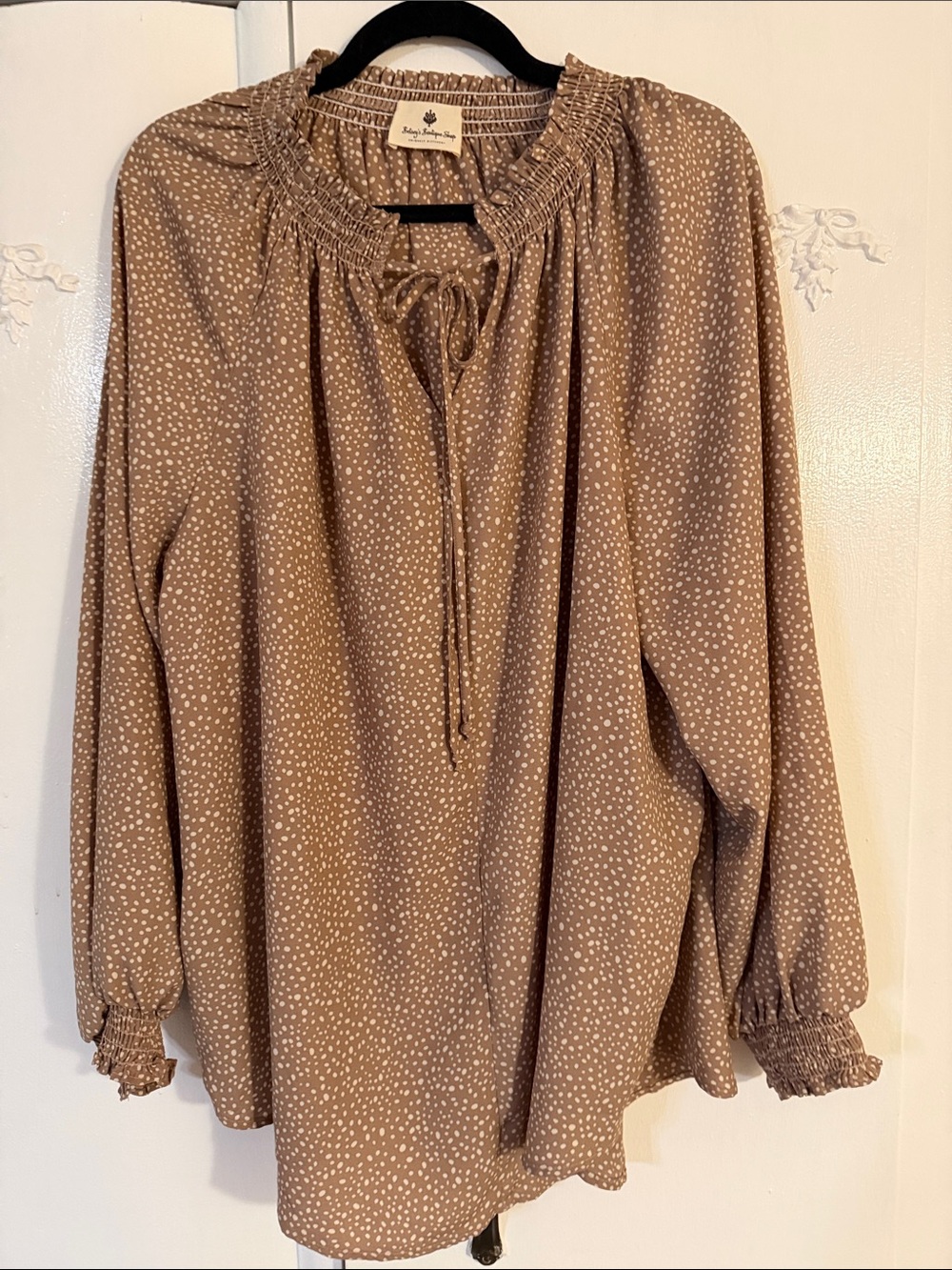 Smocked-Neck Taupe Dot Peasant Blouse